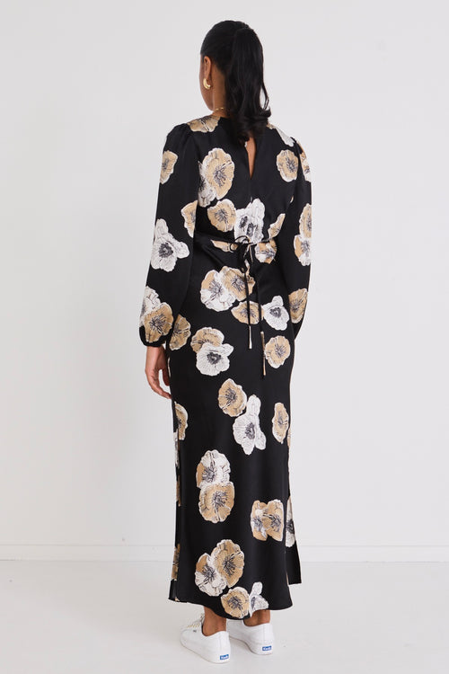 model wears a black floral maxi dress