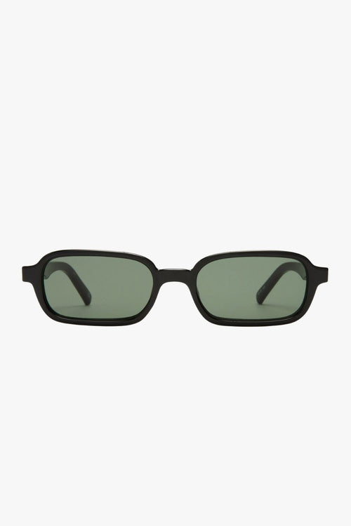 Front-facing view of rectangular sunglasses with a glossy black frame and green-tinted lenses. The slim silhouette features softly rounded corners for a modern take on a retro classic.