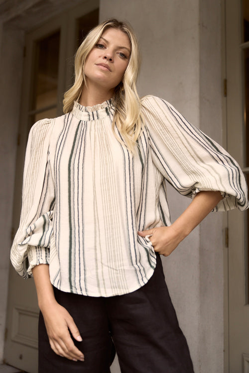 Model wears a high neck stripe long sleeve blouse top