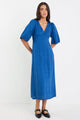 Port True Blue Mid Sleeve V Neck Midi Dress