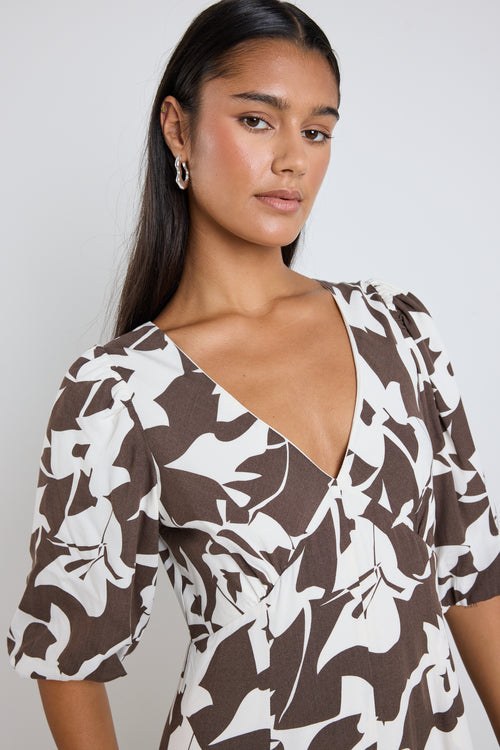 Model wears a brown pattern maxi dress with a v neckline. 