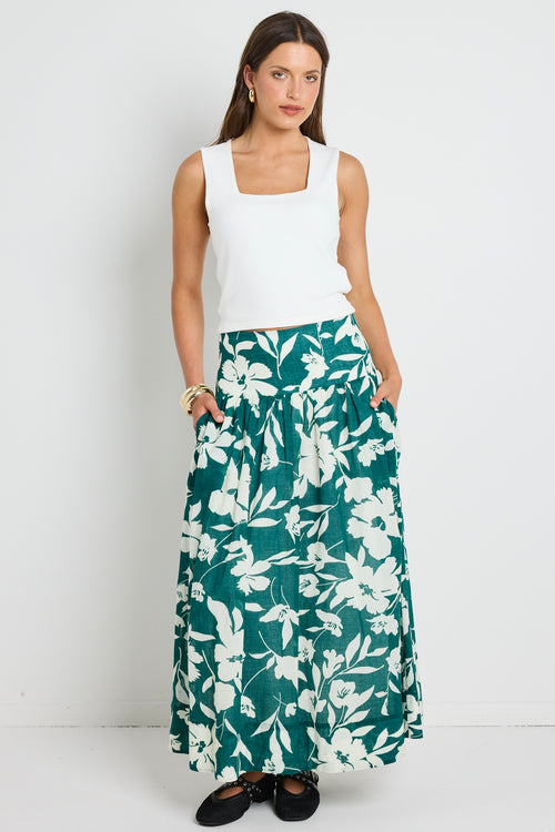 model wears Green Floral Cotton Maxi Skirt 