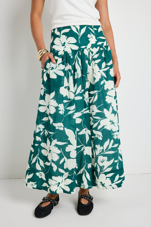 model wears Green Floral Cotton Maxi Skirt 