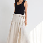 model wears a linen maxi skirt