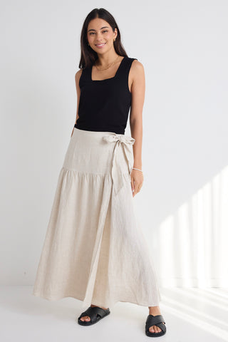 model wears a linen maxi skirt