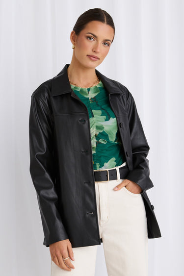 model wears a PU leather jacket