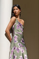 Prolific Olive Lilac Floral Satin One Shoulder Bias Slip Maxi Dress