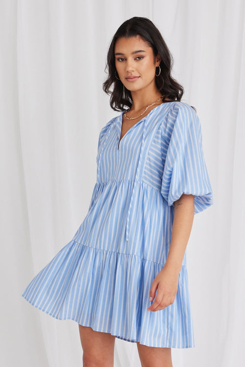 Provocation Blue Stripe Frill Hem Half Sleeve Smock Mini Dress WW Dress Among the Brave   