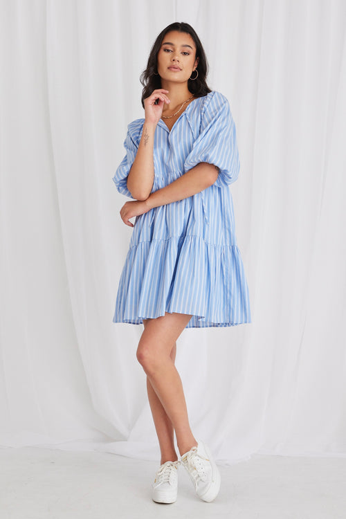 Provocation Blue Stripe Frill Hem Half Sleeve Smock Mini Dress WW Dress Among the Brave   