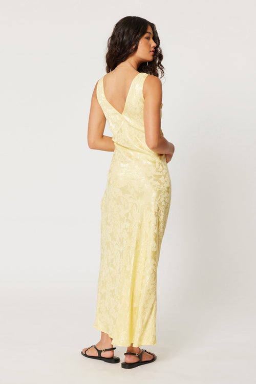 model wears a yellow maxi dress