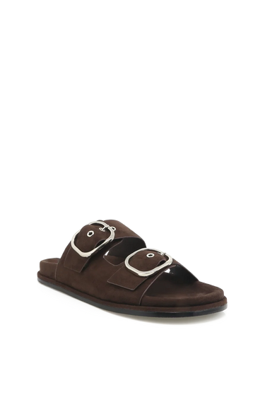 A dark brown double-strap slide sandal with large silver-tone buckle details, shown from a three-quarters angle on a plain white background.