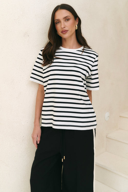Model wearing black and white striped t shirt 