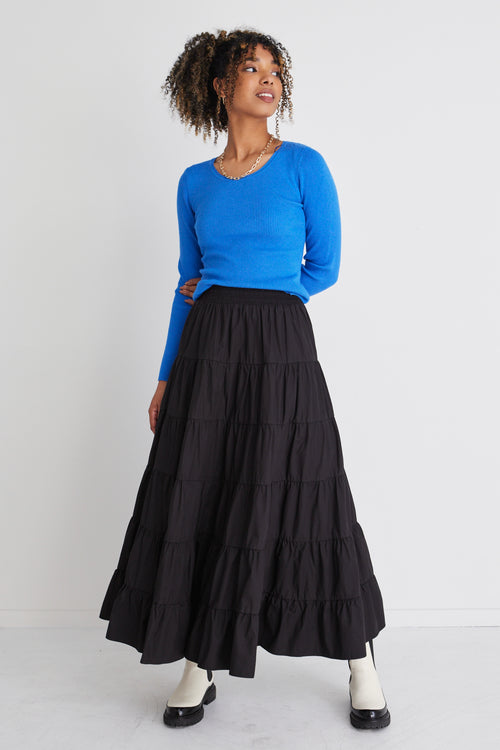 Castro Black Cotton Poplin Multi Tiered Maxi Skirt WW Skirt Ivy + Jack   