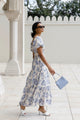 Raven Blue Floral Puff Sleeve Tiered Maxi Dress