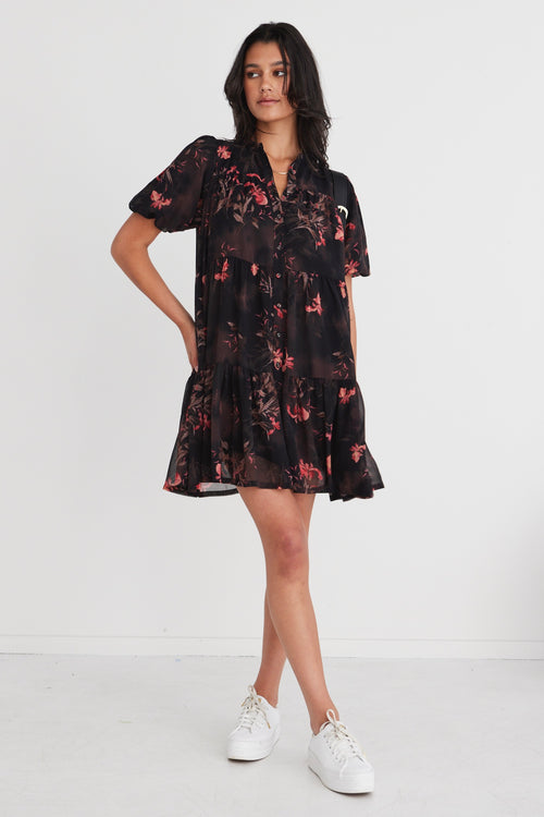 Ravine Black Orchid SS Shirt Style Tiered Mini Dress WW Dress By Rosa.   