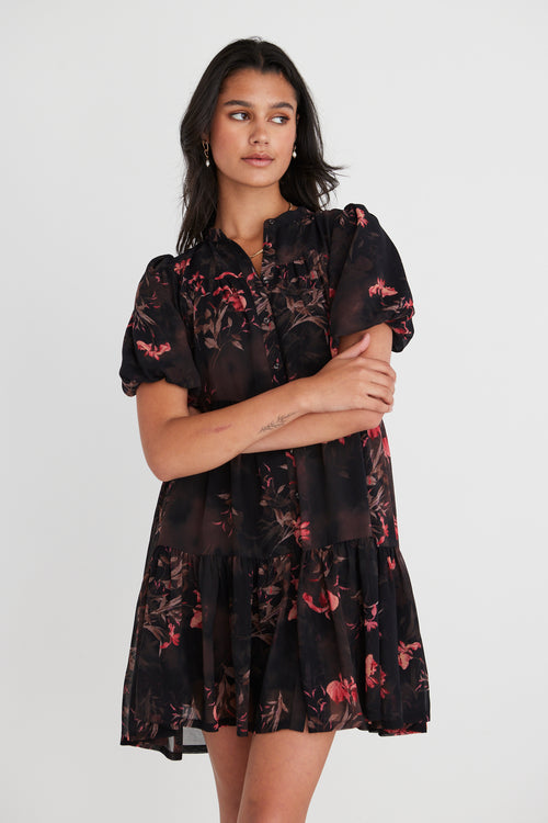 Ravine Black Orchid SS Shirt Style Tiered Mini Dress WW Dress By Rosa.   