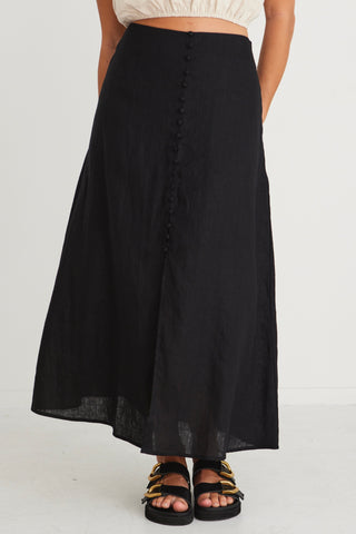 Mercy Black Linen Button Front Aline Skirt