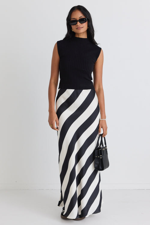 Black White Stripe Satin Bias Maxi Skirt