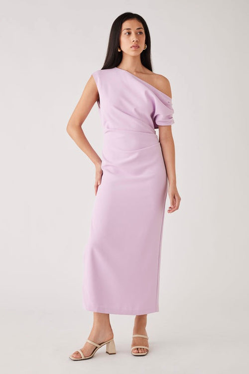 model wears a off the shoulder lilac midi dress