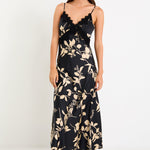 Region Black Beige Floral Satin Lace Trim Maxi Dress
