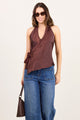 Replete Chocolate Satin Halter Neck Wrap Front Top