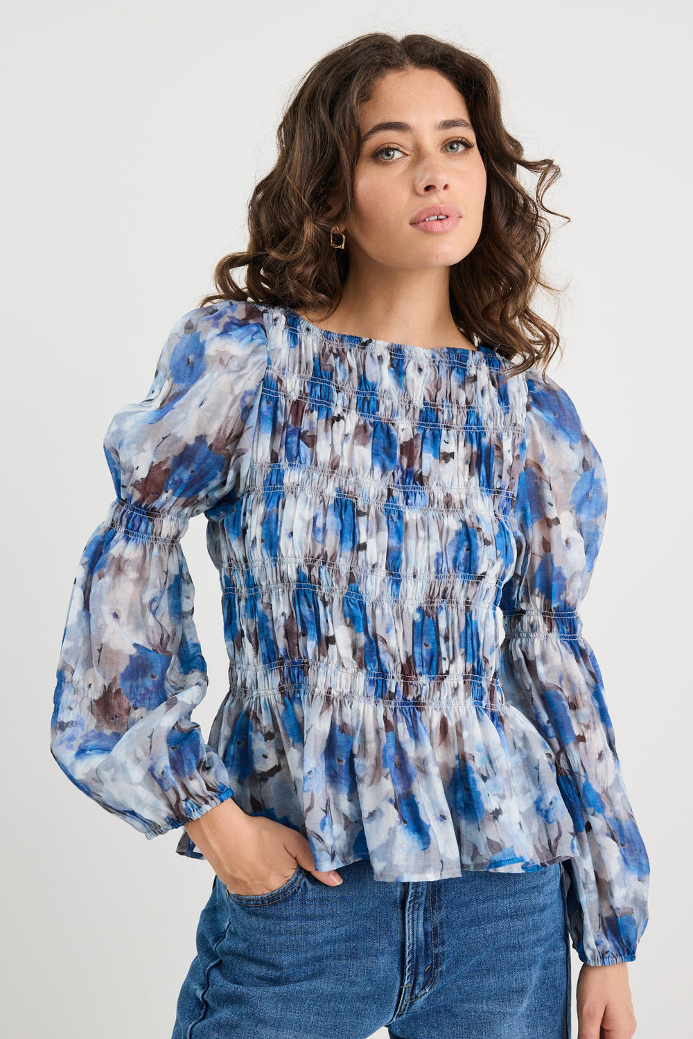 Required Sky Blue Floral LS Shirred Bodi | Flo & Frankie