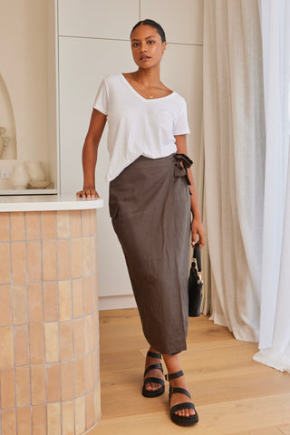 Grounded Khaki Linen Wrap Cargo Midi Skirt WW Skirt RE:Union   