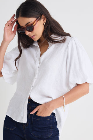 Rested White Linen Bubble Sleeve Shirt