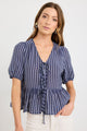 Restore Navy Stripe Tie Front Peplum SS Top