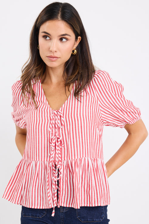 Model wears a red and white stripe short sleeve top with dark blue jeans