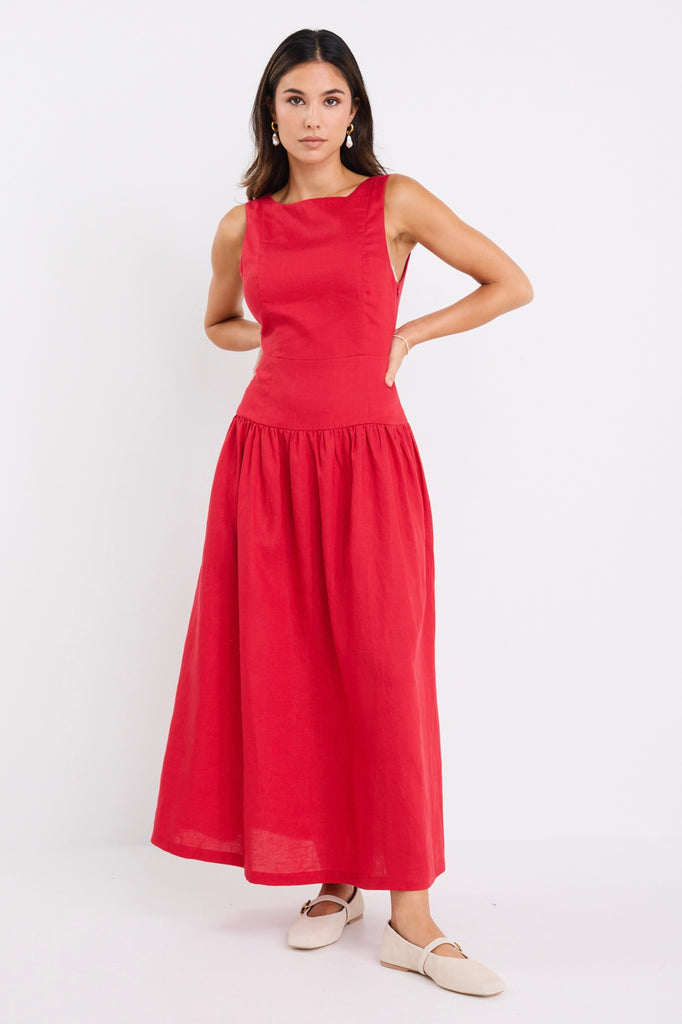 Shop Results Red Linen Blend Structured Sleeveless Maxi Dress | Flo