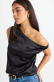 Revered Black Satin Off Shoulder Top