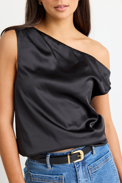 Black satin one shoulder top online