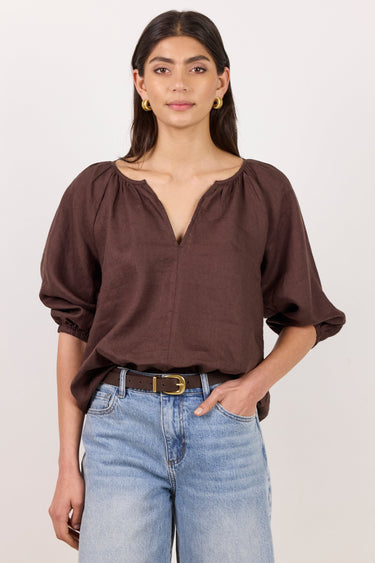 Revolutionary Dark Chocolate Linen Relaxed LS Top