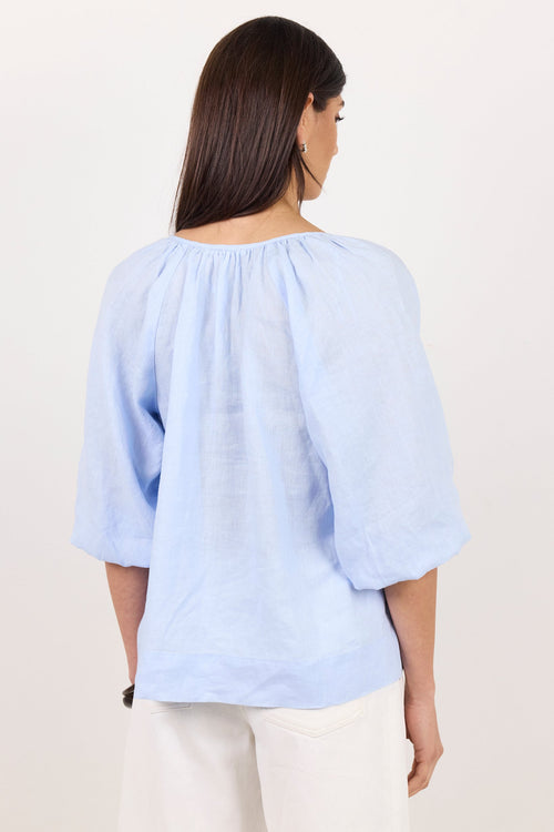 A woman viewed from the back wearing a light blue linen blouse with three-quarter puff sleeves and white pants, set against a plain off-white background.