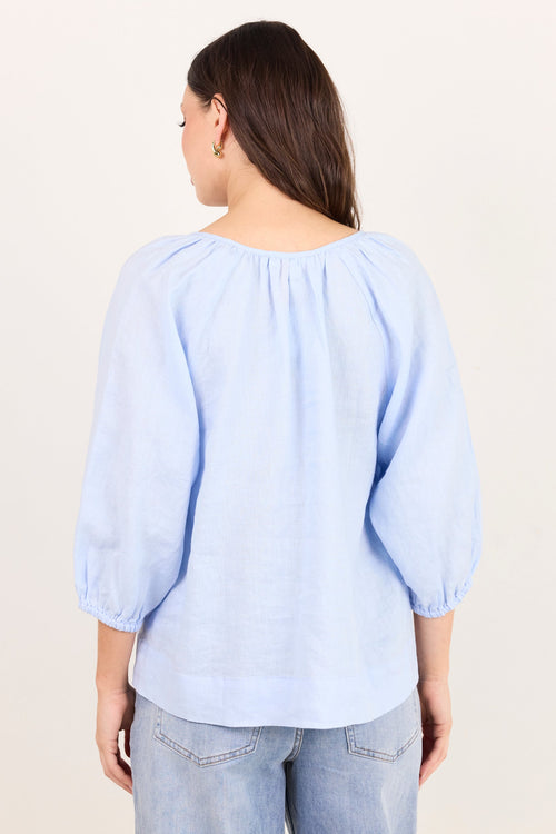 A woman viewed from the back wearing a light blue blouse with three-quarter balloon sleeves and a gathered neckline, paired with light blue jeans against a plain off-white studio background.