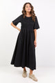 Ripple Black Shirred Bodice Short Sleeve Knit Midi Dress