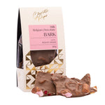 A package of Chocolate Pèpé Belgian Chocolate Bark with Rocky Road, shown with several pieces of milk chocolate bark in front of the box on a white background.