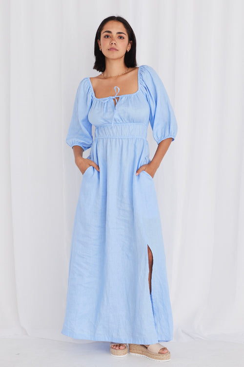 Roma Cornflower Blue Linen Ss Slim Fit Midi Dress WW Dress Stories be Told   