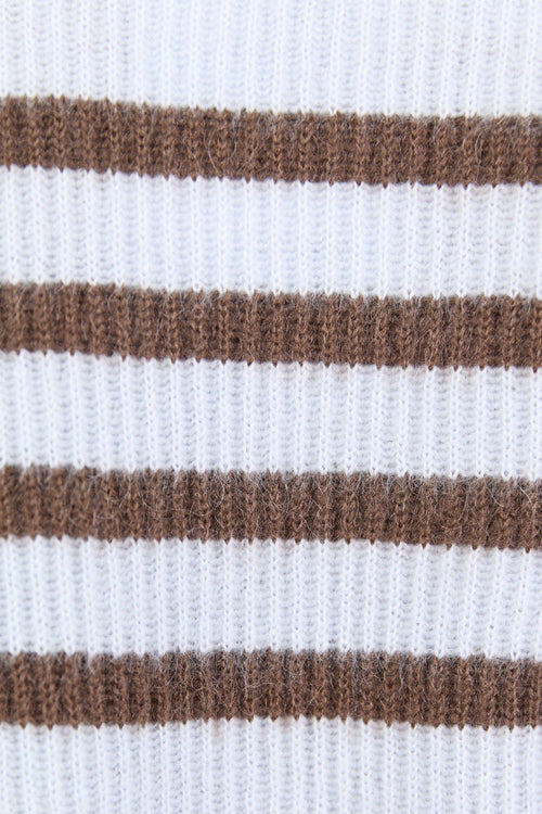 Close-up of a sweater with brown and white horizontal stripes.