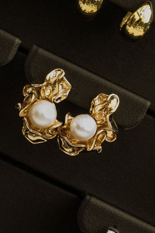 Ruched Gold Pearl Earrings