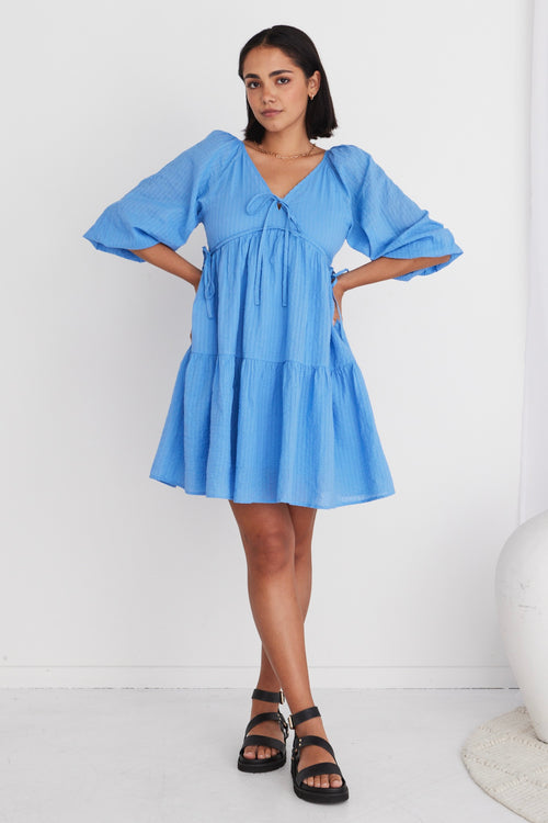 Run Free French Blue Puff SS Shirred Bodice Tiered Mini Dress WW Dress Ivy + Jack   