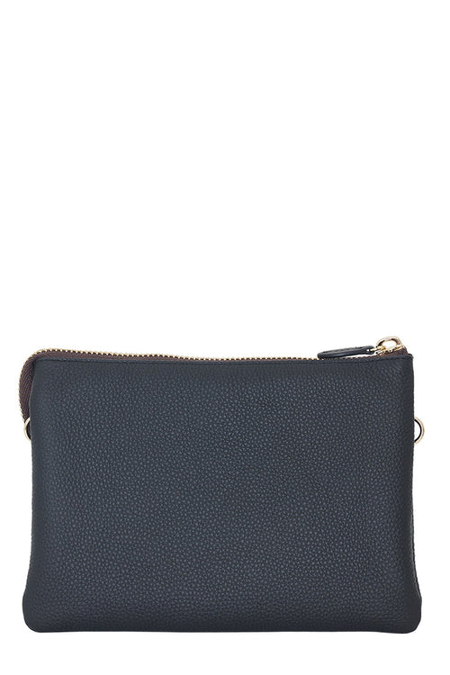 Black leather pouch with gold zipper on a white background
