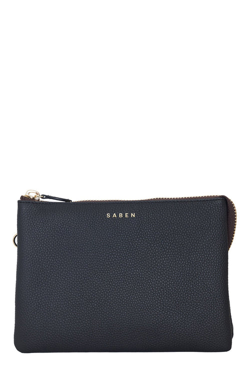 Black clutch bag with 'SABEN' branding on a white background