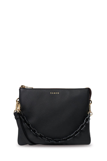 A black pebbled leather crossbody bag with a gold chain strap and gold hardware, featuring the brand name 'RABEN' in gold lettering on the front, set against a plain off-white background.
