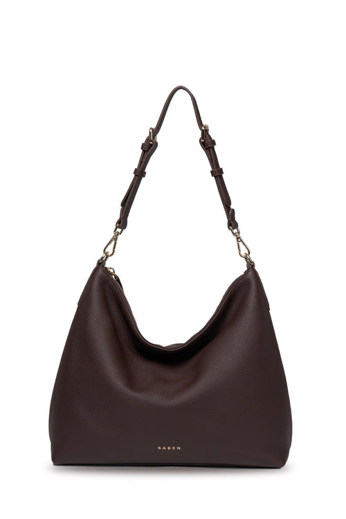 Brown handbag with a chain detail on a white background