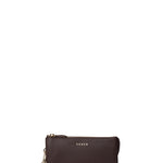 Dark brown leather clutch bag with gold zipper on a white background