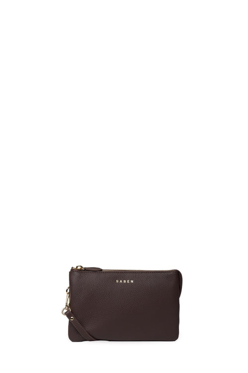Dark brown leather clutch bag with gold zipper on a white background