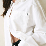 model wearing white button up shirt 