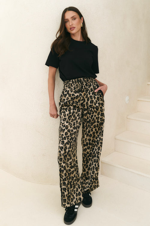 model wearing black t shirt and animal print satin pants